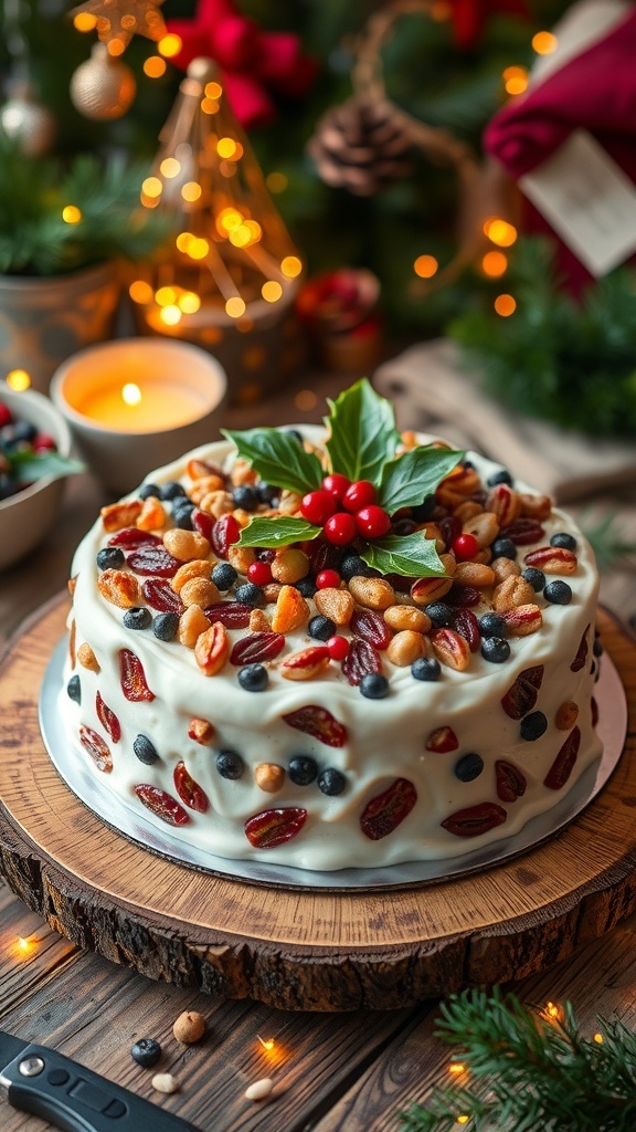 A traditional Christmas fruit cake decorated with icing and holly, set on a wooden table with festive decorations.